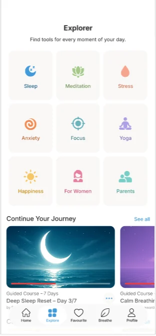 HealLift Explore screen showing mindfulness programmes by category